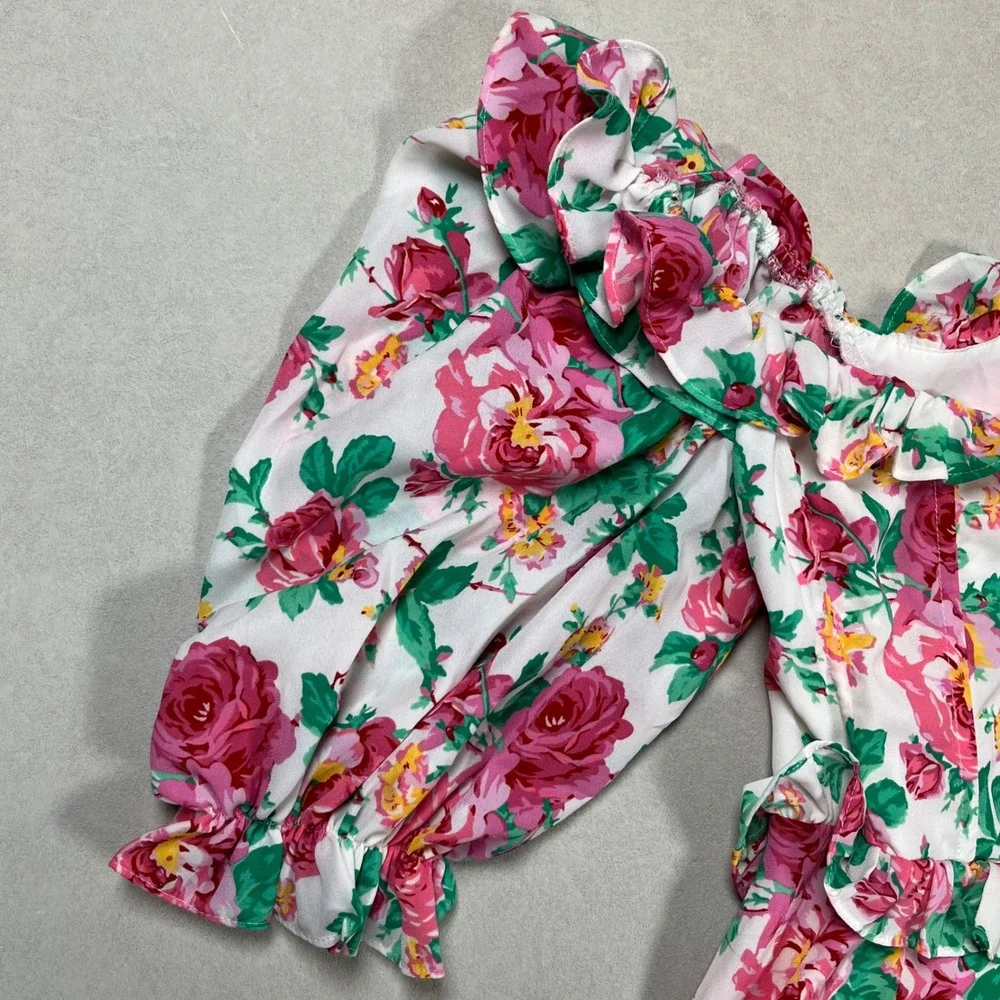 For Love & Lemons Imogen Dress Sz Small Floral Mini‎ Ruffle Puff Sleeve Spring - Picture 4 of 7